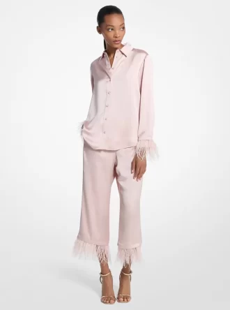 Satin-Pyjamahose mit Federbesatz