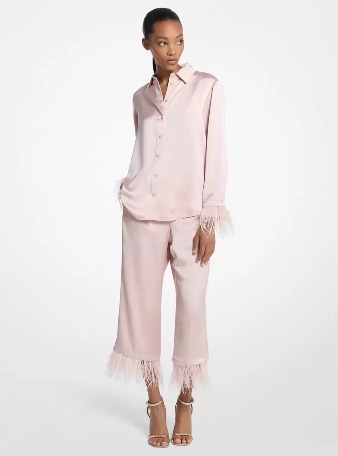 Satin-Pyjamahose mit Federbesatz Satin-Pyjamahose mit Federbesatz
