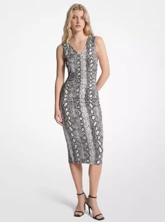 Schlangenmuster-Midikleid aus mattem Stretch-Jersey mit Raffungen