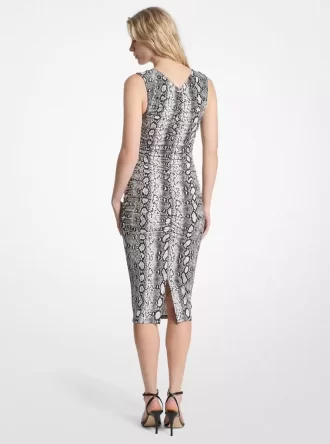 Schlangenmuster-Midikleid aus mattem Stretch-Jersey mit Raffungen