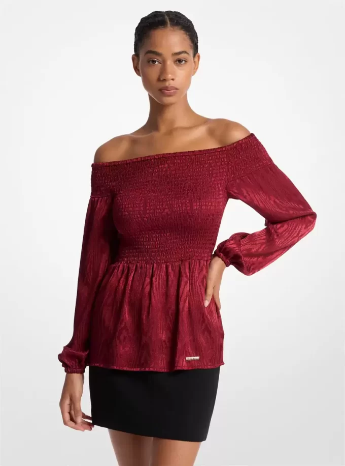 Schulterfreies Top aus gerafftem Moiré-Jacquard Schulterfreies Top aus gerafftem Moiré-Jacquard