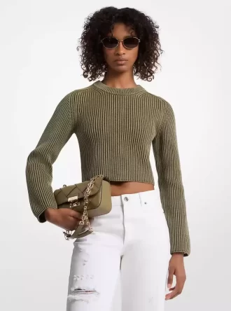 Stückgefärbter, gerippter, kurzer Baumwollpullover