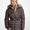 Steppjacke mit Gürtel und Kunstpelzbesatz