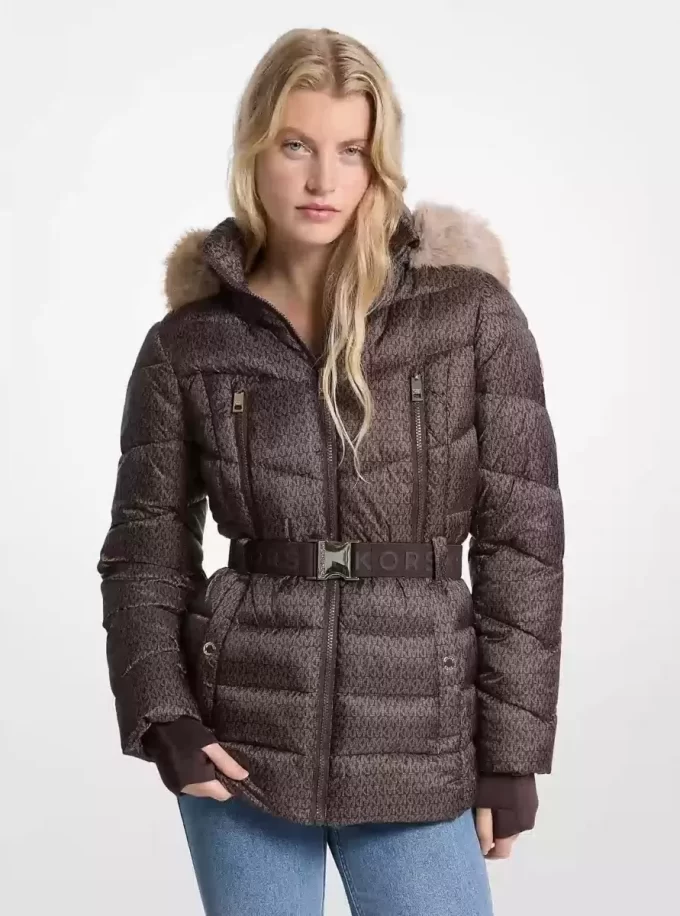 Steppjacke mit Gürtel und Kunstpelzbesatz