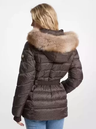 Steppjacke mit Gürtel und Kunstpelzbesatz