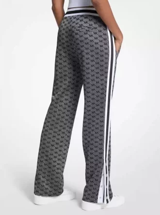 Trainingshose mit Logoprint, metallisch schimmerndem Stretch-Strick