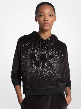 Velours-Hoodie mit Logo-Verzierung